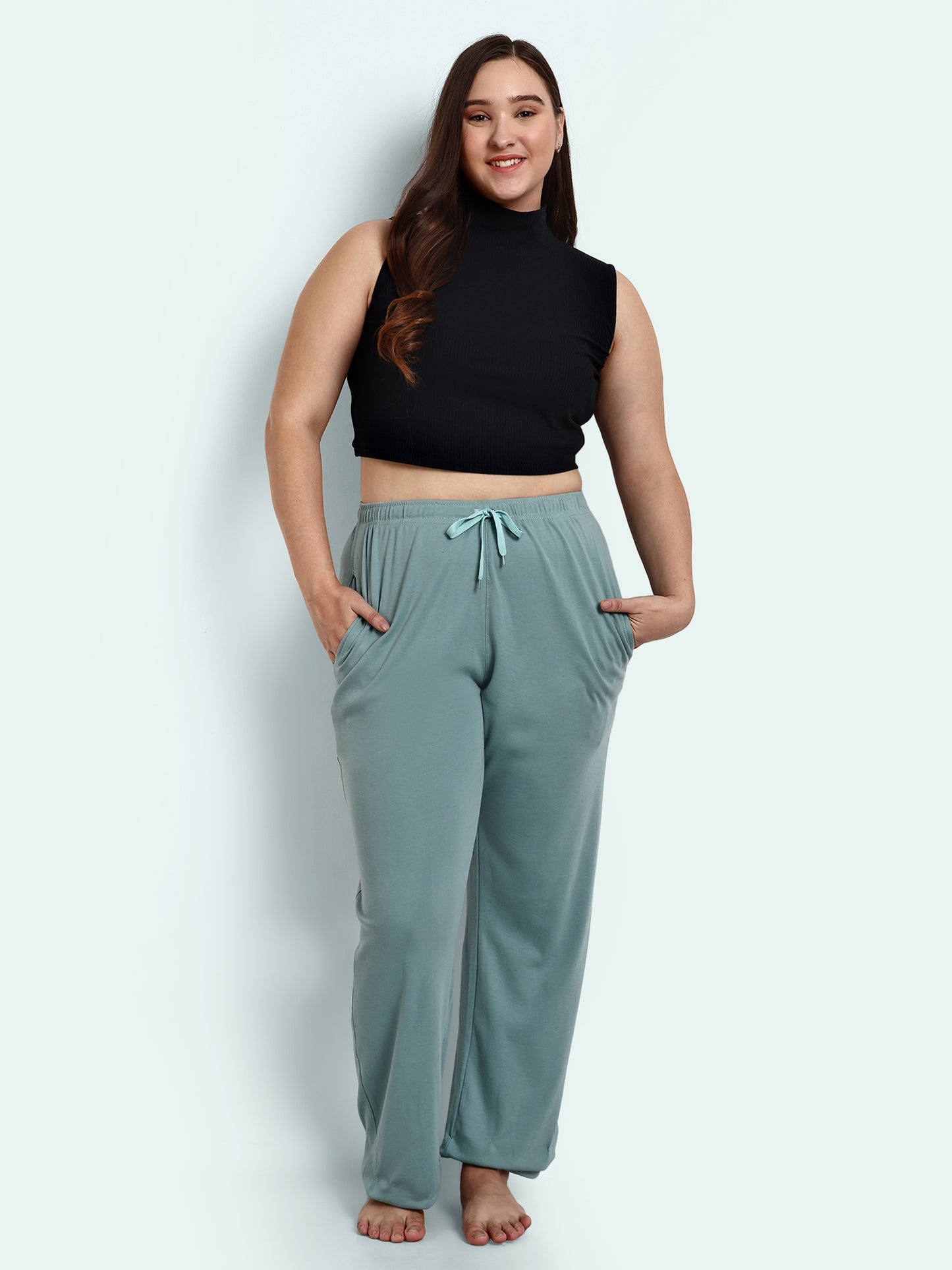 Comfortable High Waist Cotton Flared Pants For Women in Sage online at best prices