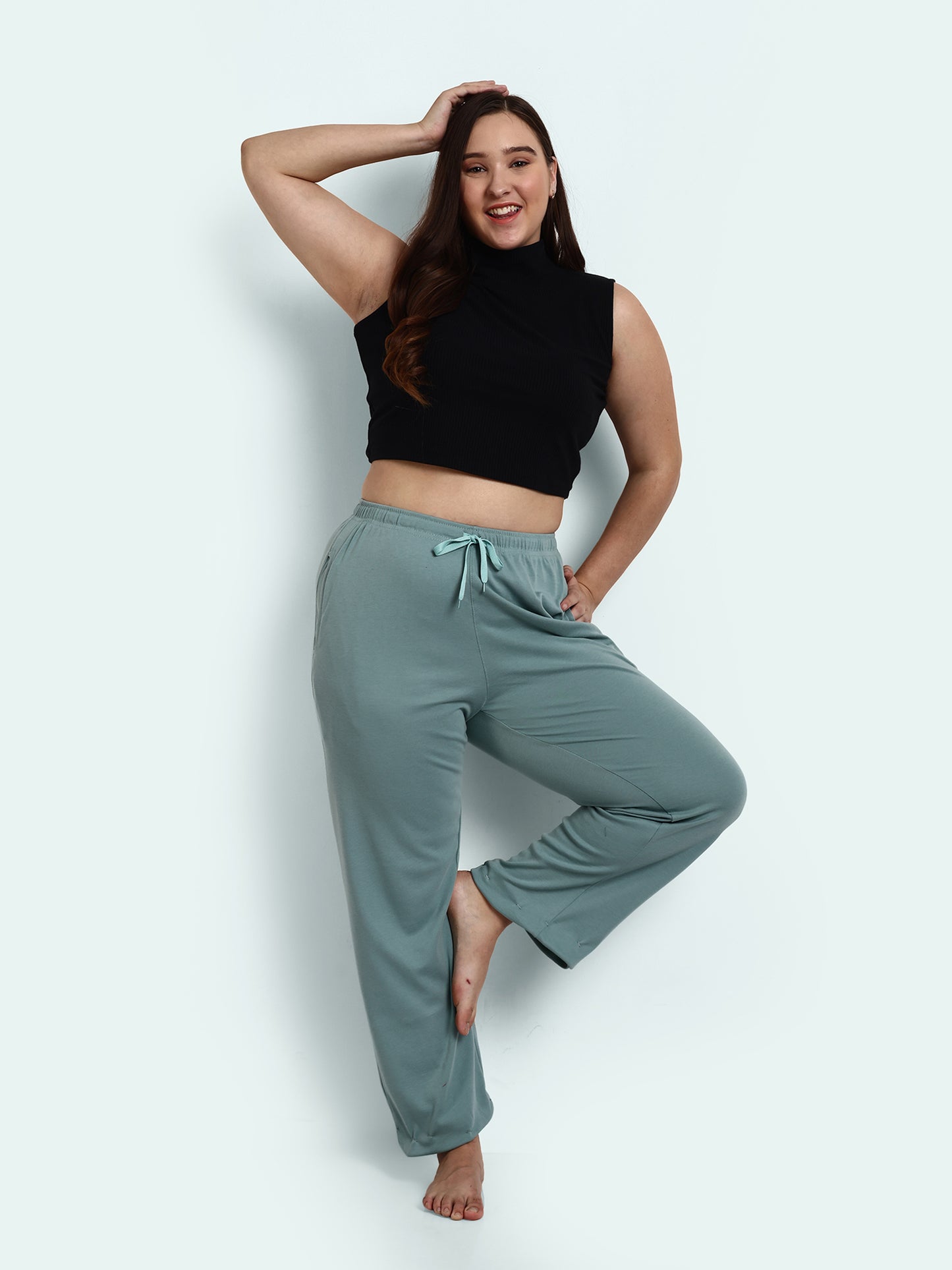 Comfortable High Waist Cotton Flared Pants For Women in Sage online at best prices