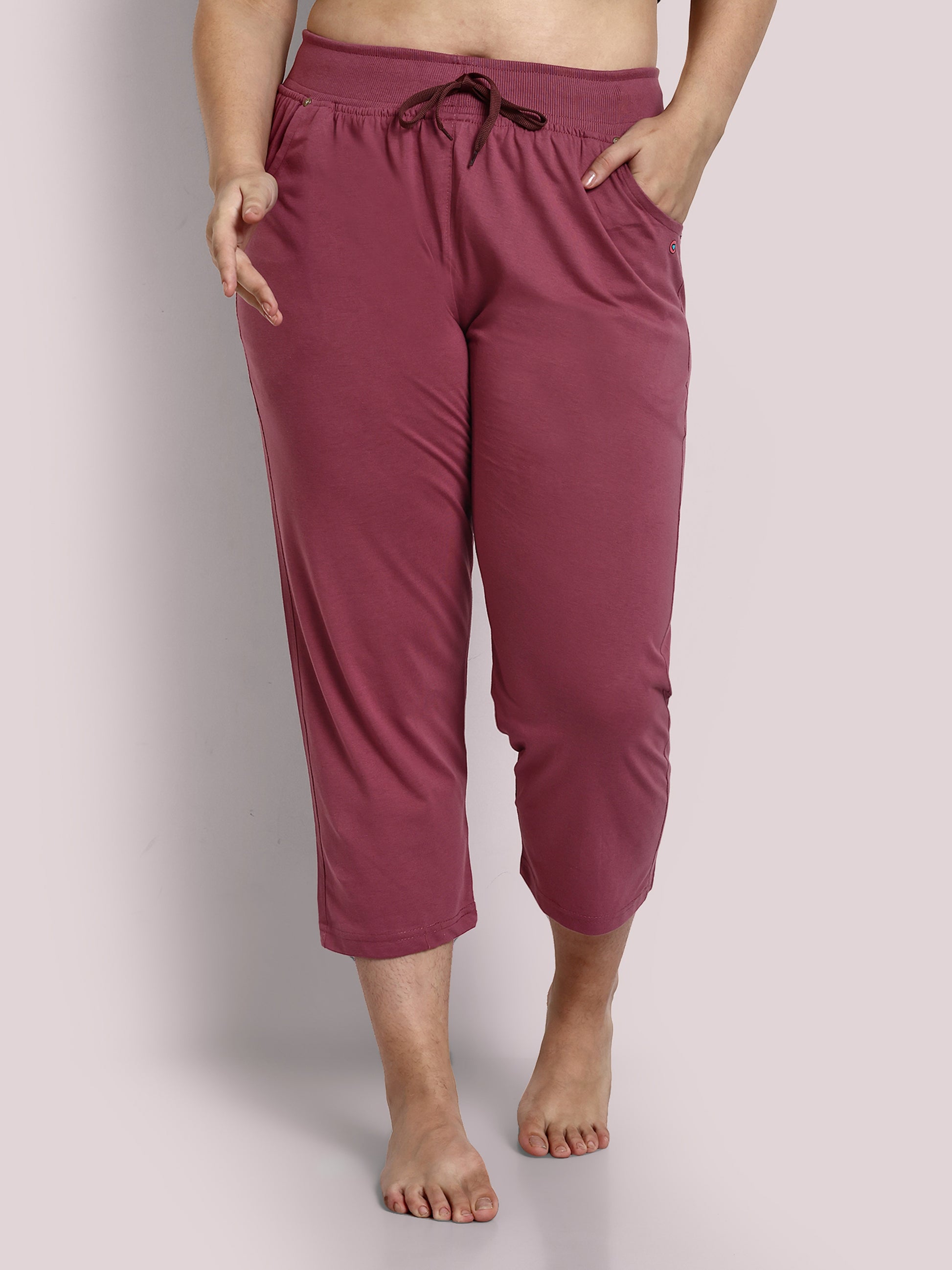 Stylish Mauve Plain Cotton Half Capris For Women Online In India