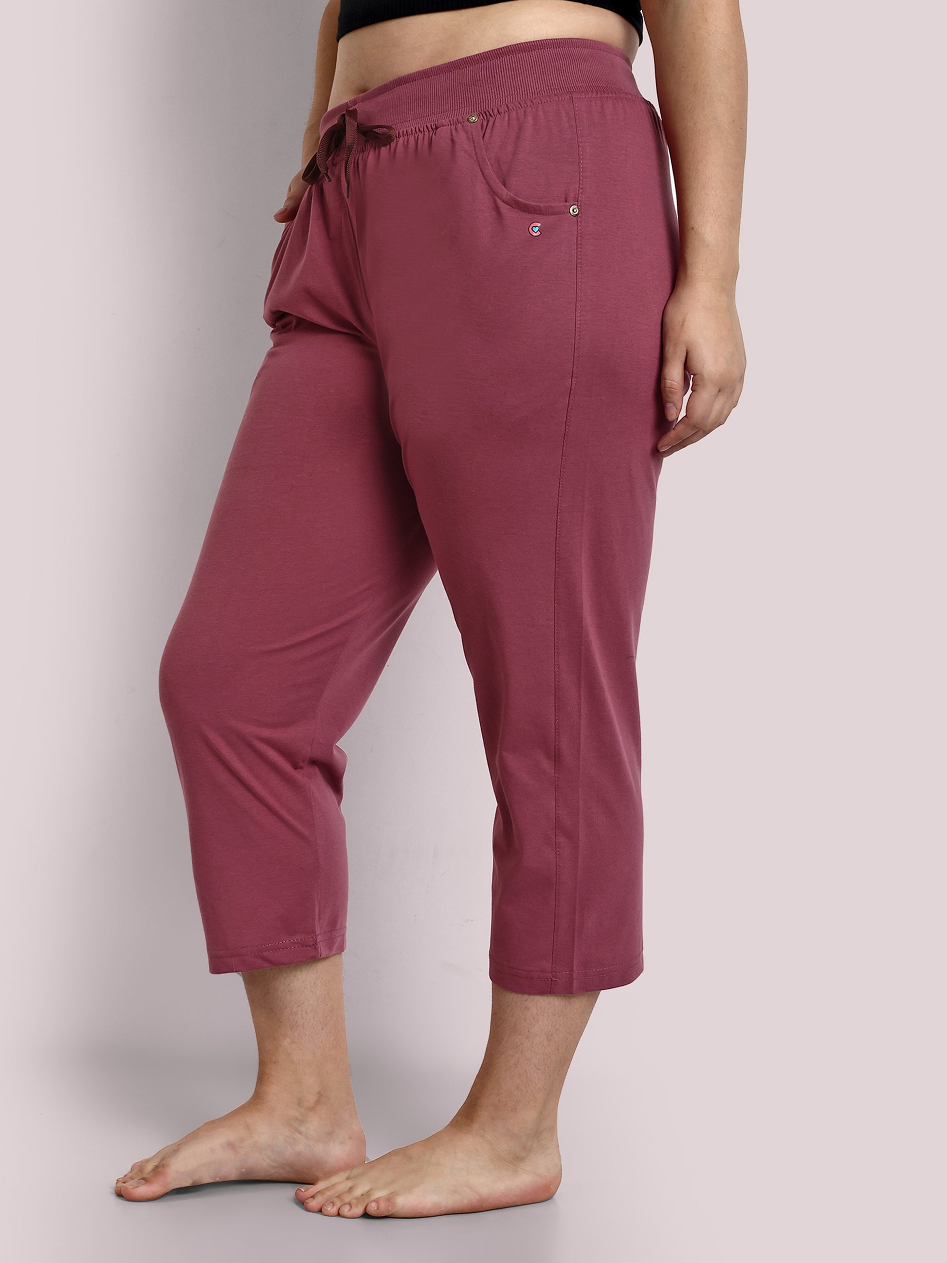 Stylish Mauve Plain Cotton Half Capris For Women Online In India