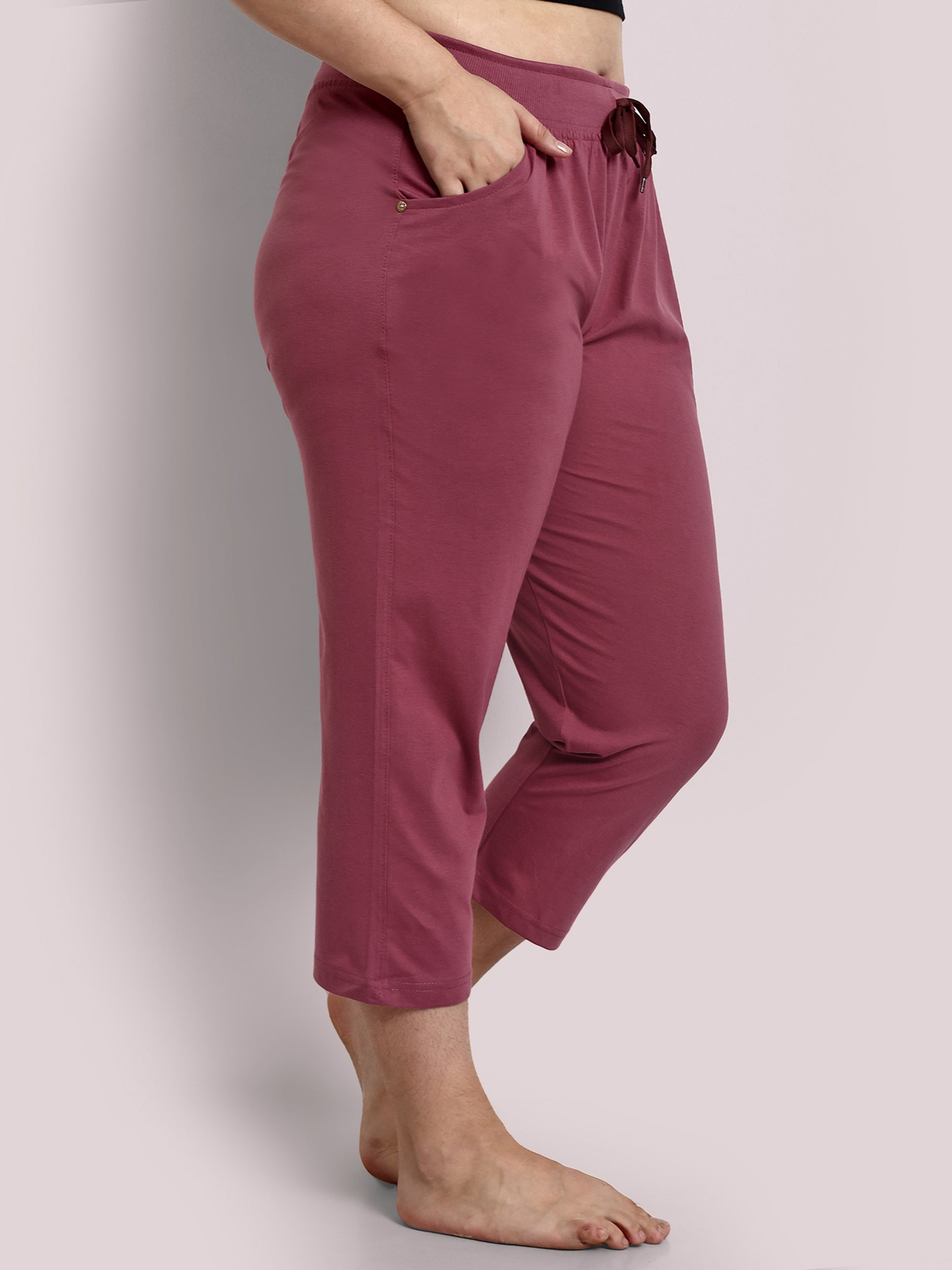 Stylish Mauve Plain Cotton Half Capris For Women Online In India