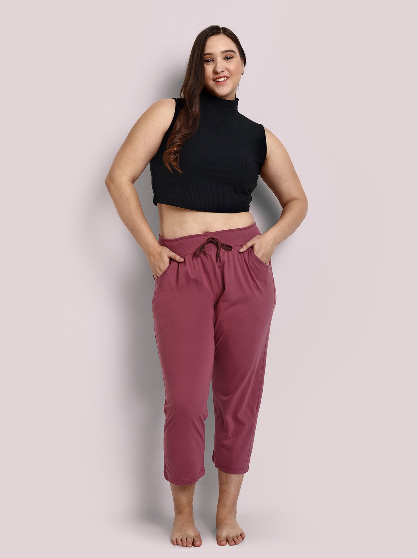 Stylish Mauve Plain Cotton Half Capris For Women Online In India