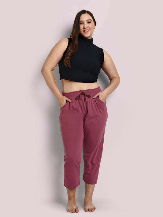 Stylish Mauve Plain Cotton Half Capris For Women Online In India