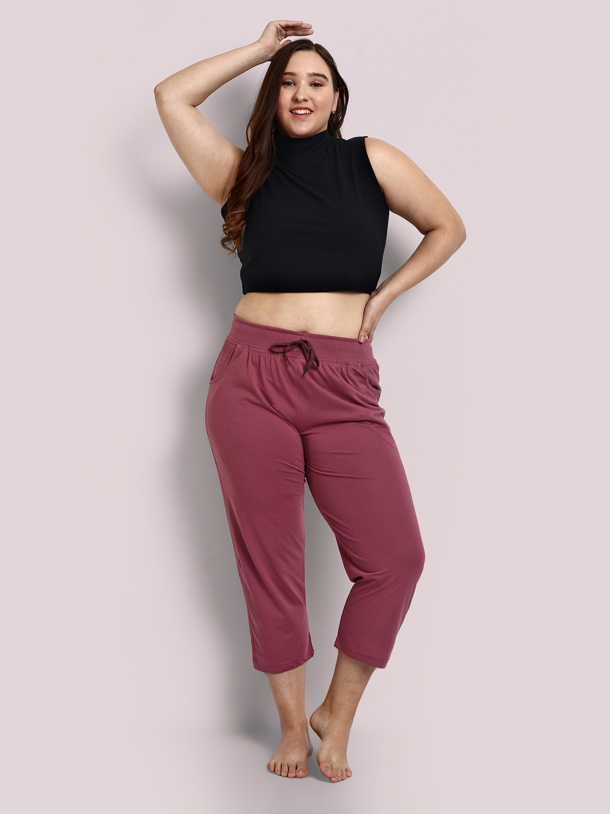 Stylish Mauve Plain Cotton Half Capris For Women Online In India