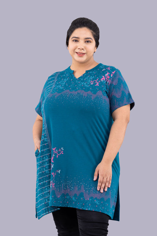 Stylish Blue Printed Long Top(Half Sleeves) For Women online in India