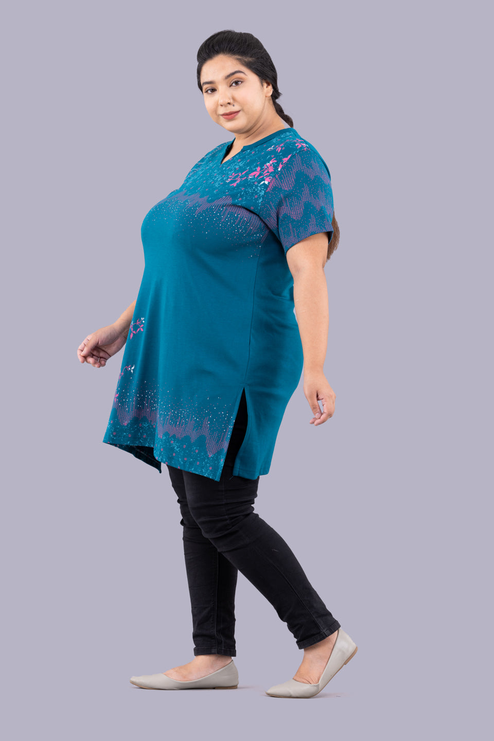 Stylish Plus Size Printed Long Tops For Women In Half Sleeves - Teal Blue At Online