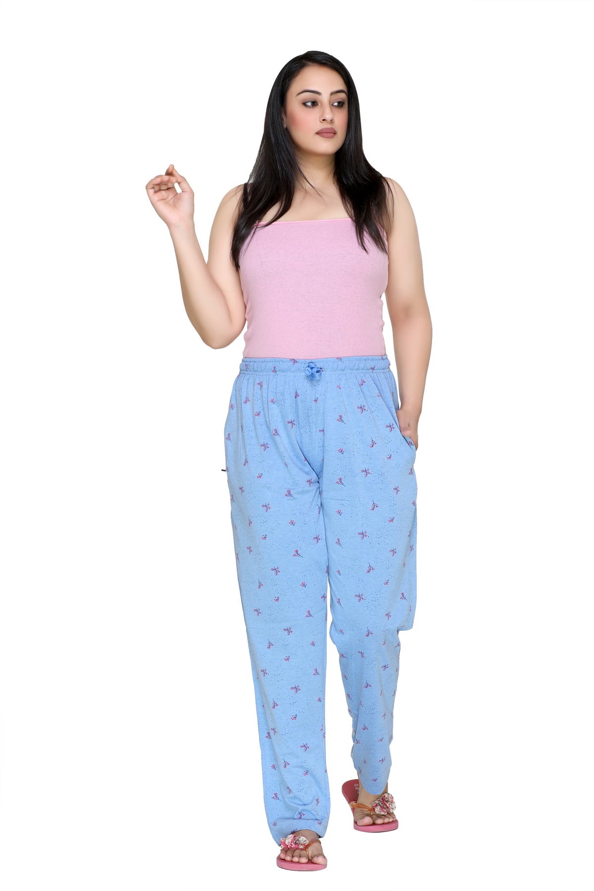 Cotton Printed Night Pants For Women -Sky Blue1