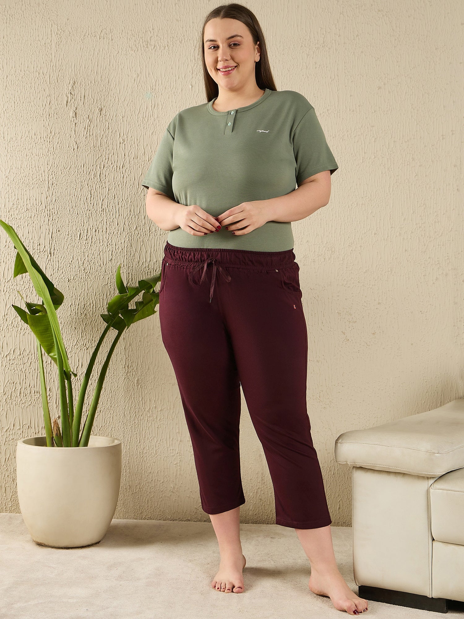Buy Wine Cotton Capris For Women