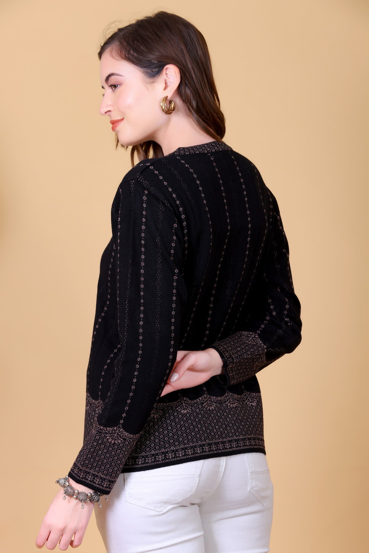 Fancy Jacquard Knit Cardigan -Black