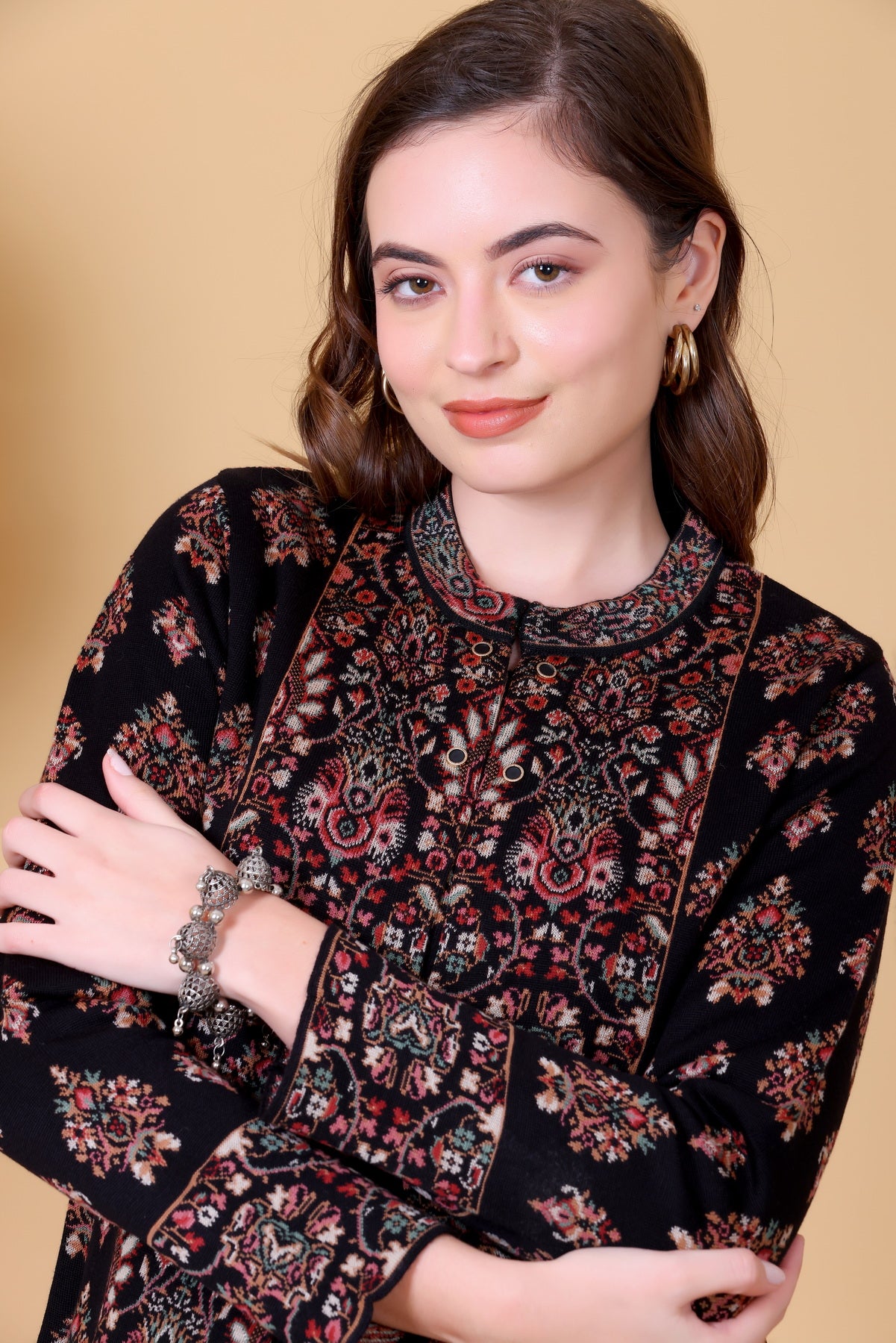 Black Jacquard Knit Warm Patterned Cardigan