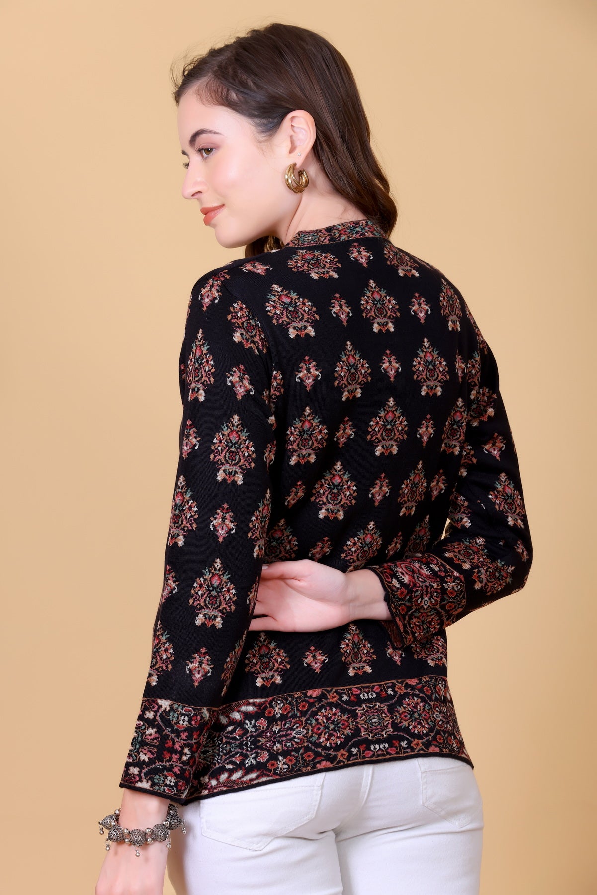 Black Jacquard Knit Warm Patterned Cardigan