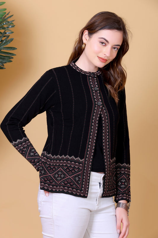 Jacquard Knit Warm Woollen Cardigan - Black