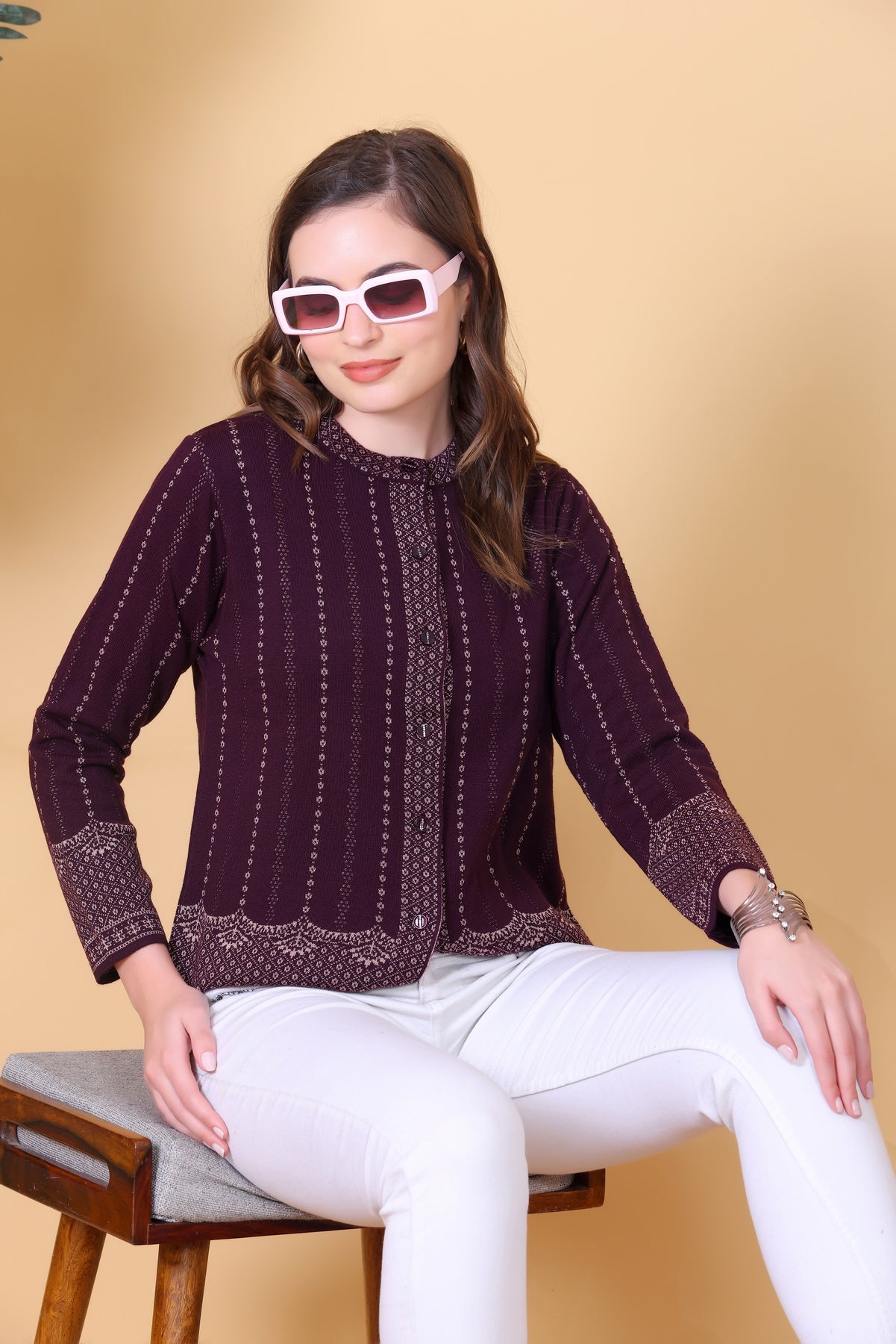Fancy Jacquard Knit Cardigan -Wine