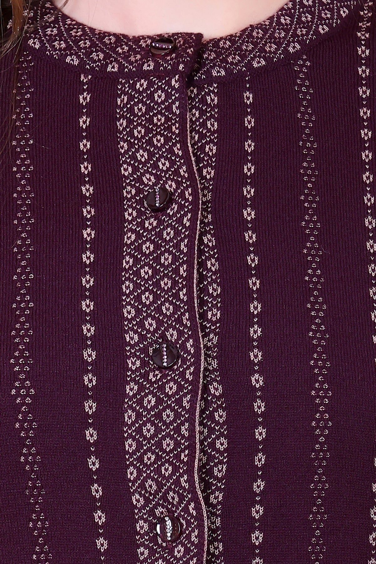 Fancy Jacquard Knit Cardigan -Wine