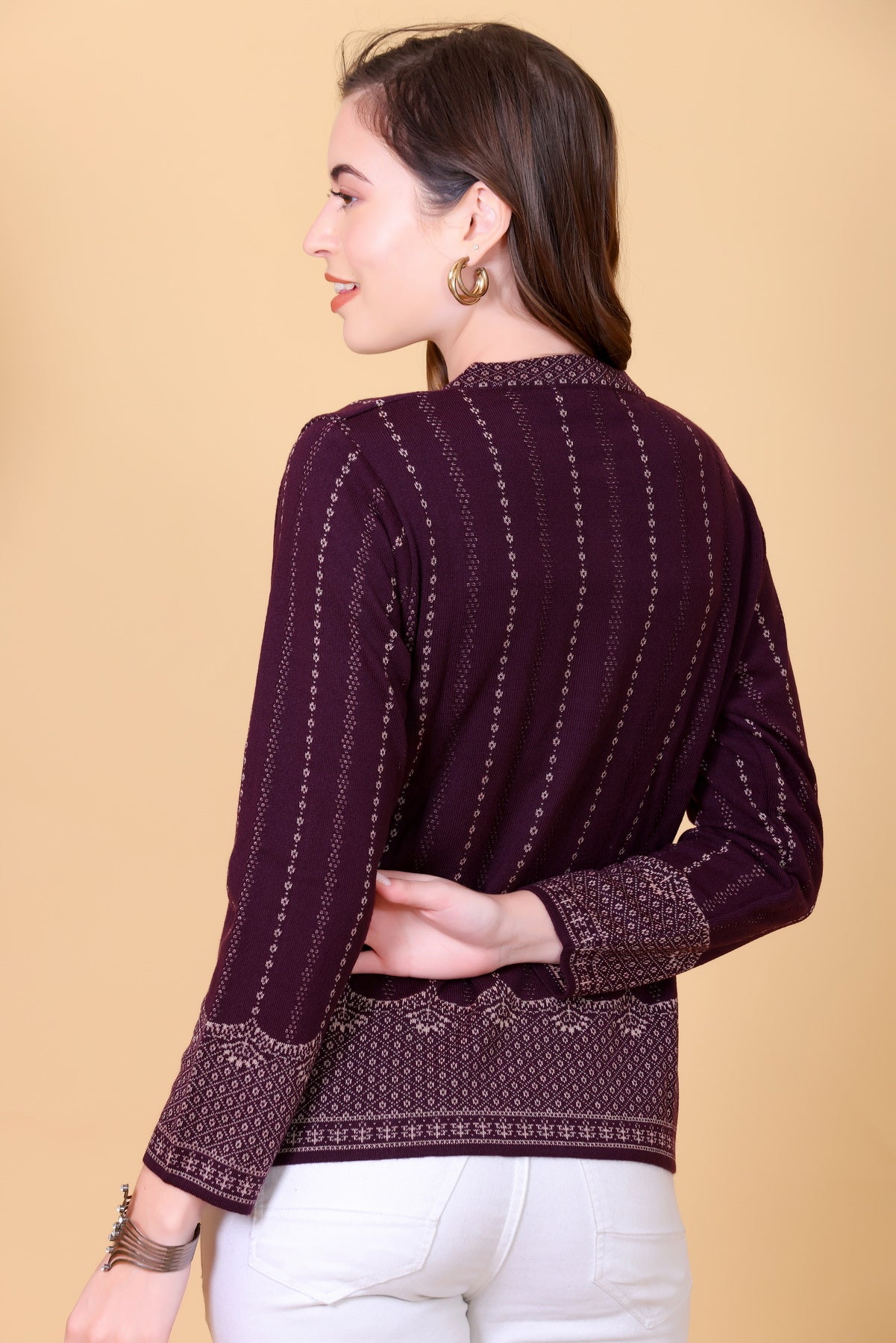 Fancy Jacquard Knit Cardigan -Wine