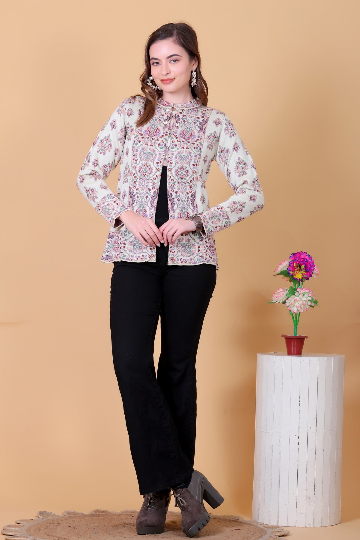 Jacquard Knit Warm Woollen Cardigan - Off White