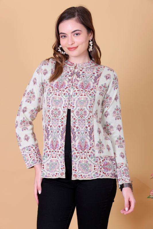 Jacquard Knit Warm Woollen Cardigan - Off White