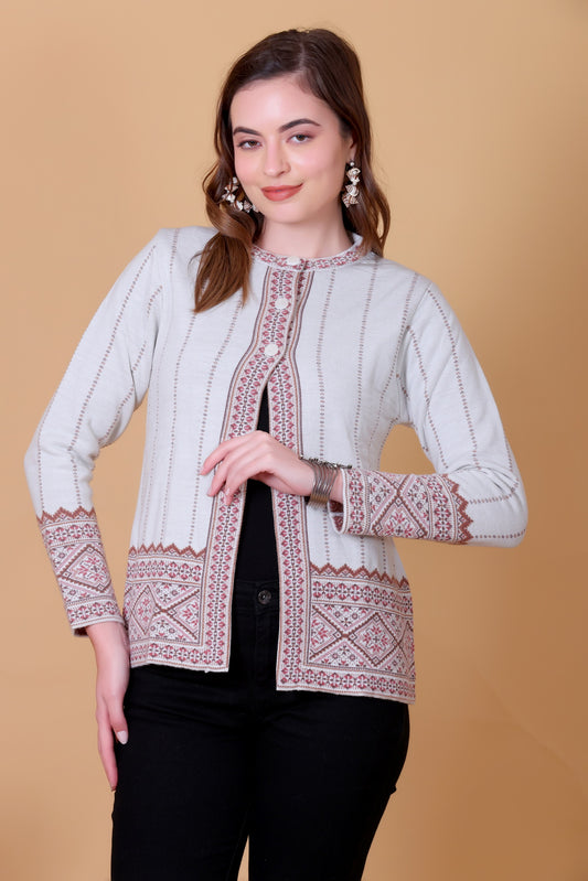 Jacquard Knit Warm Woollen Cardigan - White
