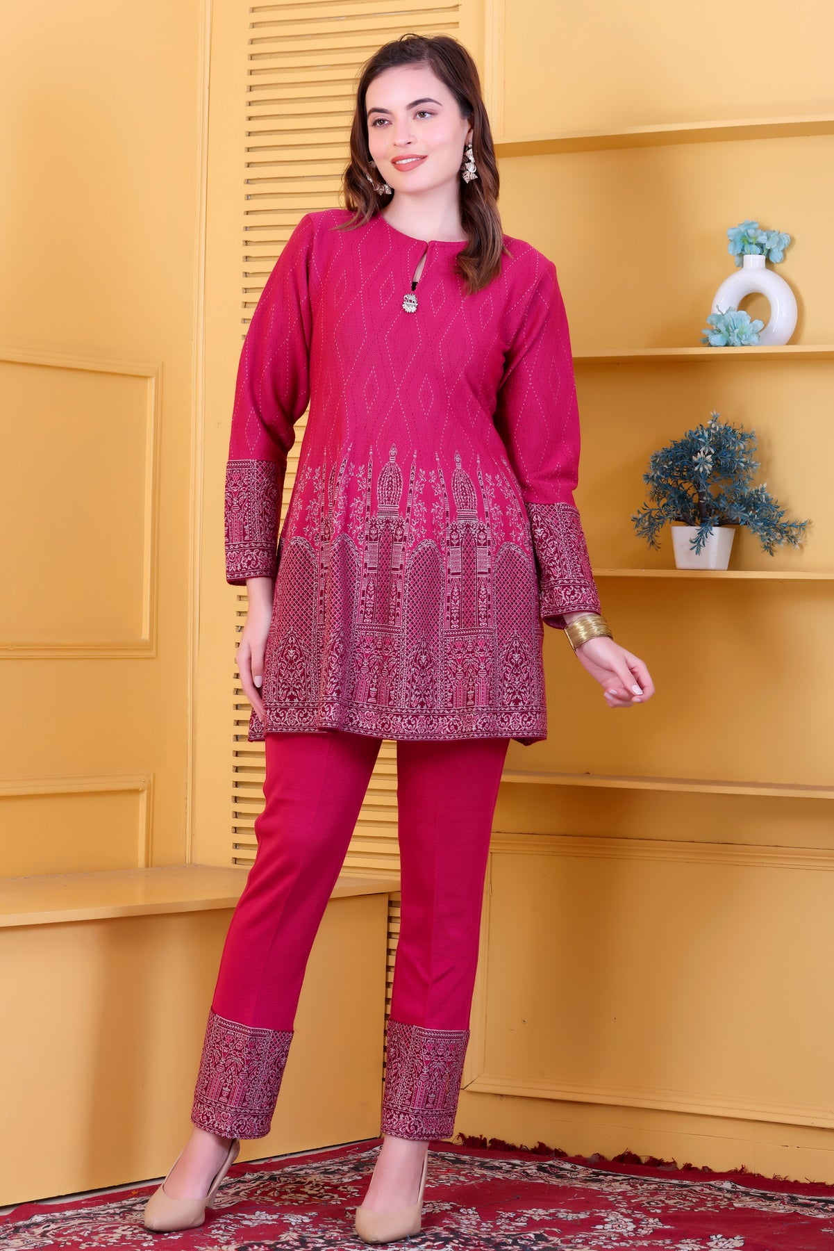 Hot Pink Knitted Woolen Winter Co-ord Set for Women | Diamond Knit Top & Bottom with Detailed Woven Border