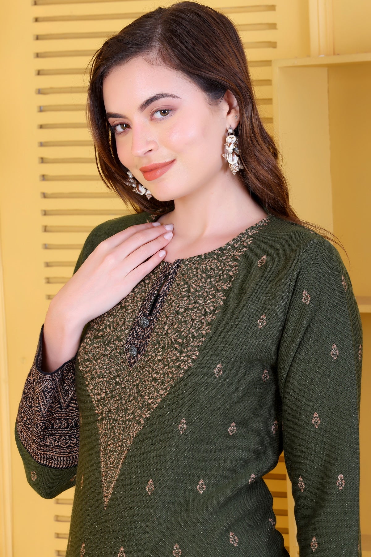 Chic Olive Green Knitted Woolen Winter Co-ord Set for Women | Embroidered Yoke Tunic & Border Trousers
