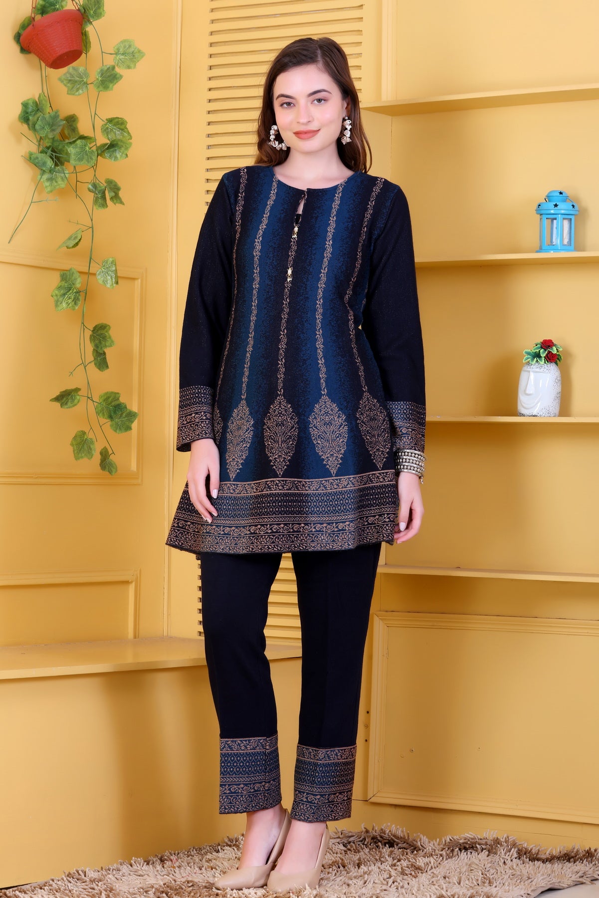 Peacock Blue & Navy Knitted Woolen Winter Co-ord Set for Women | Vertical Metallic Stripe & Ornate Motif Design