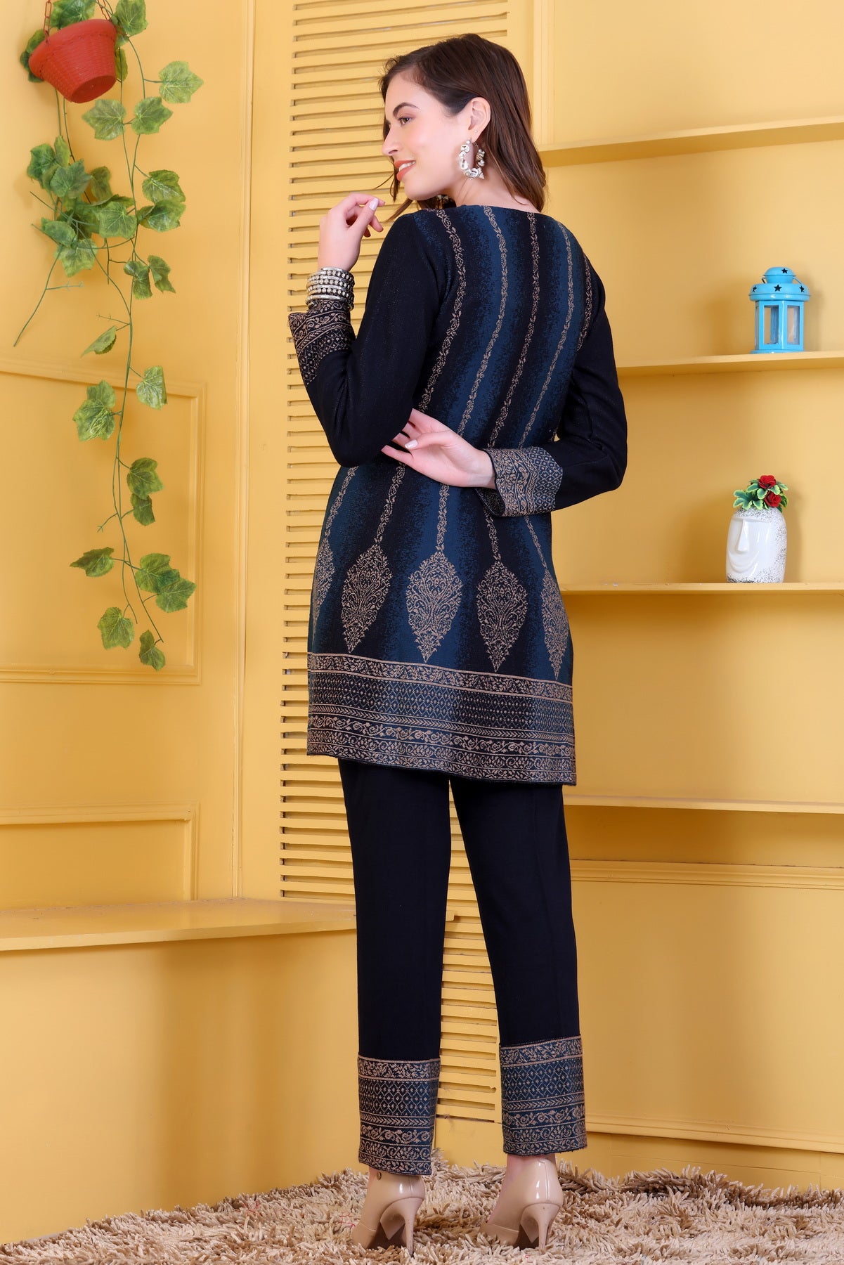 Peacock Blue & Navy Knitted Woolen Winter Co-ord Set for Women | Vertical Metallic Stripe & Ornate Motif Design