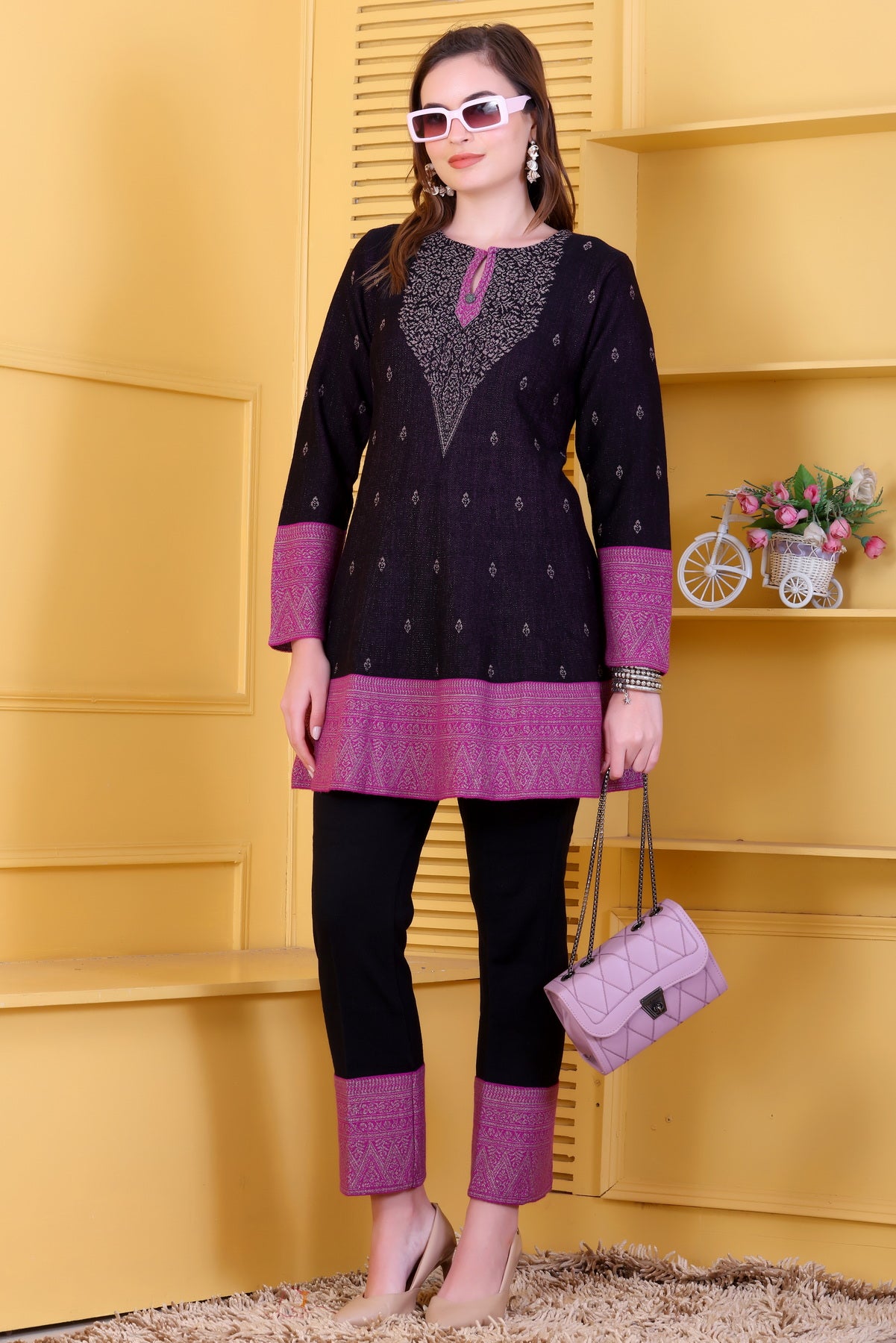 Bold Black & Magenta Knitted Woolen Winter Co-ord Set for Women | Intricate Yoke Tunic & Contrast Border Trousers