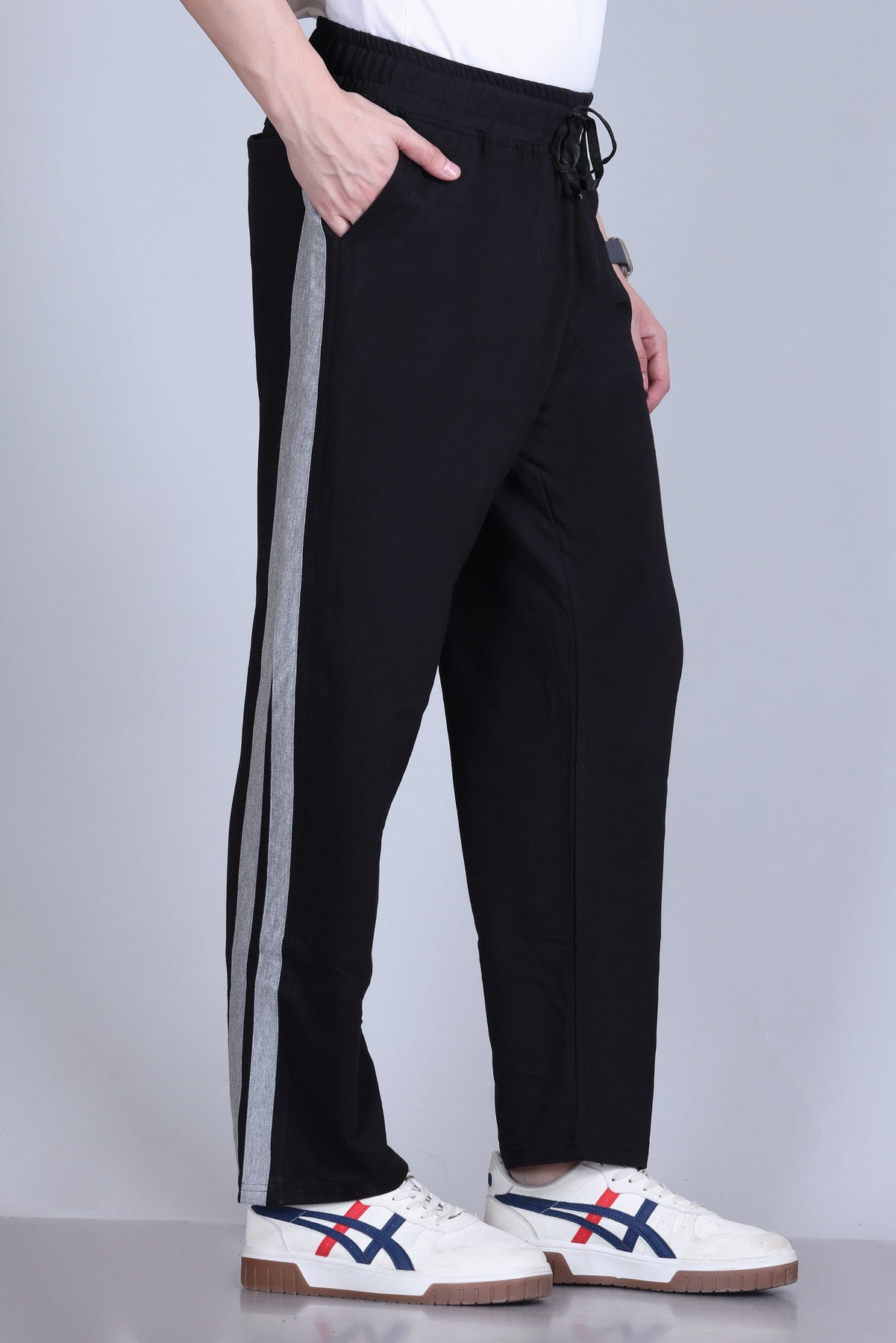 Black wide-leg cotton trackpants with dual side stripe