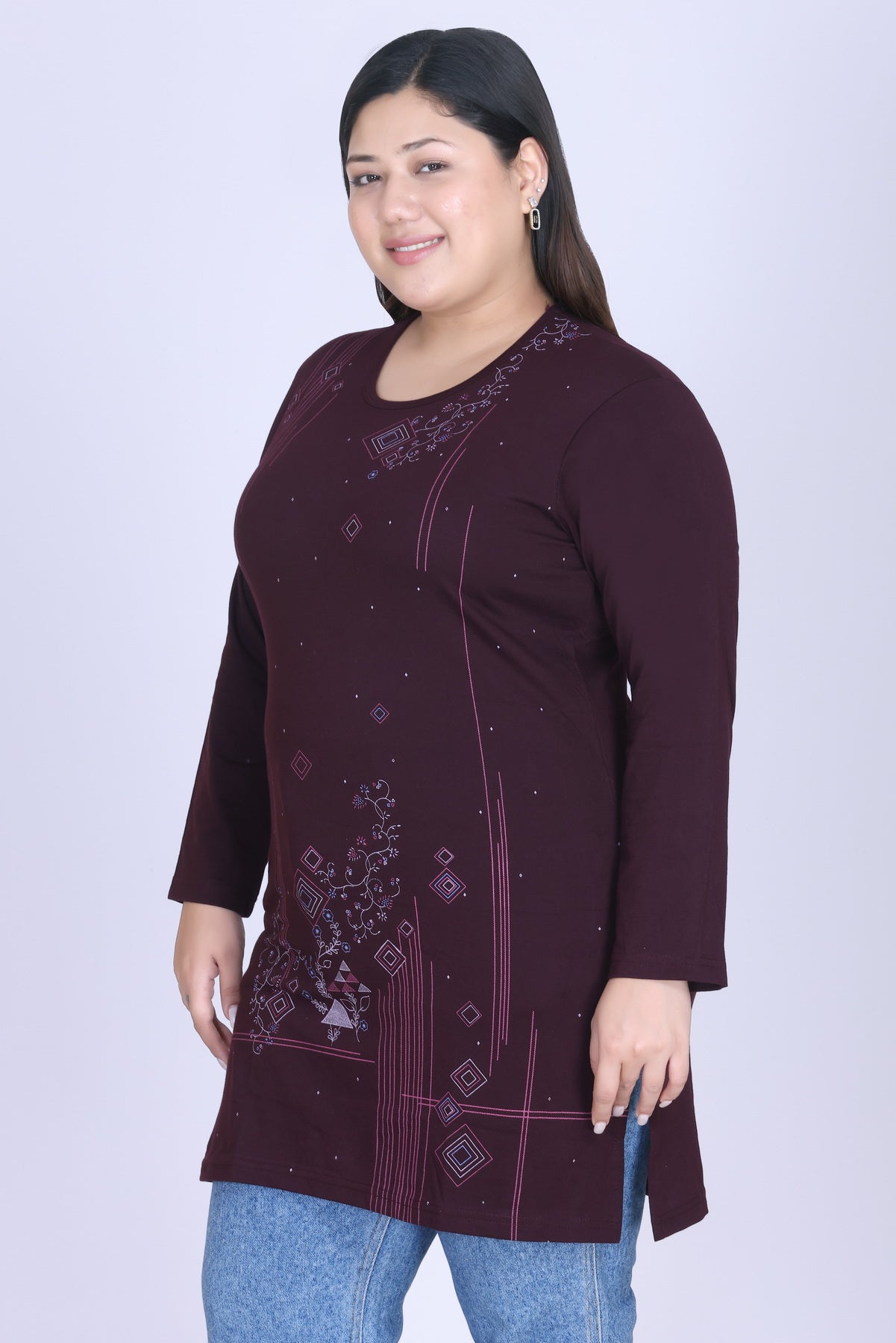 Cotton Long Top for Women - Full Sleeve - Wine
