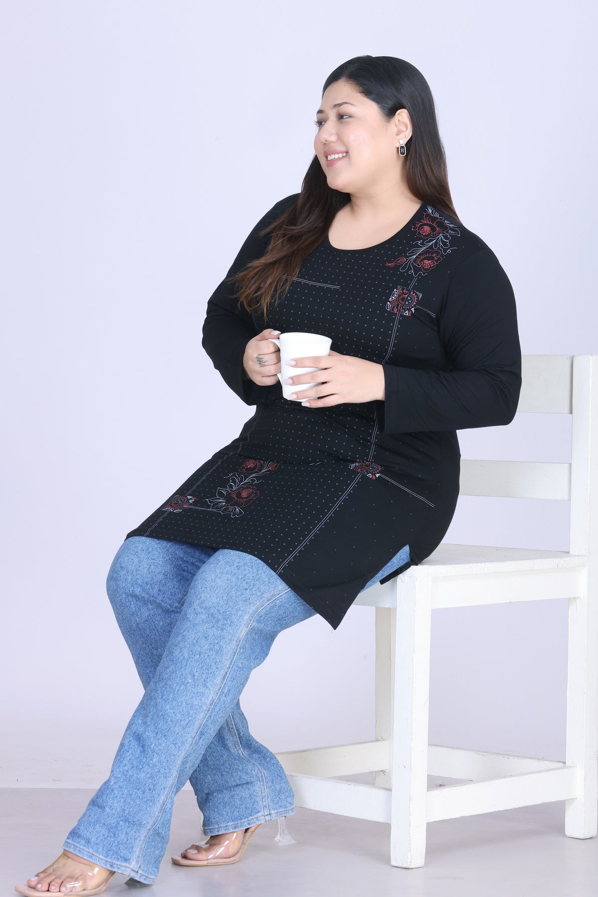 Cotton Long Top for Women - Full Sleeve - Black