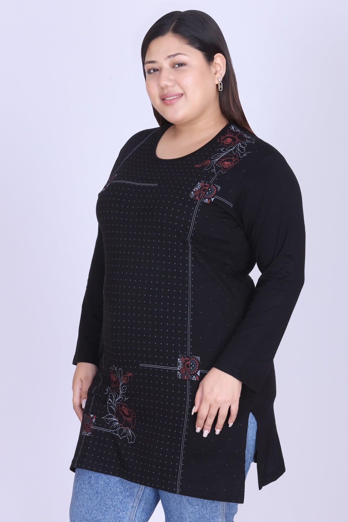 Cotton Long Top for Women - Full Sleeve - Black
