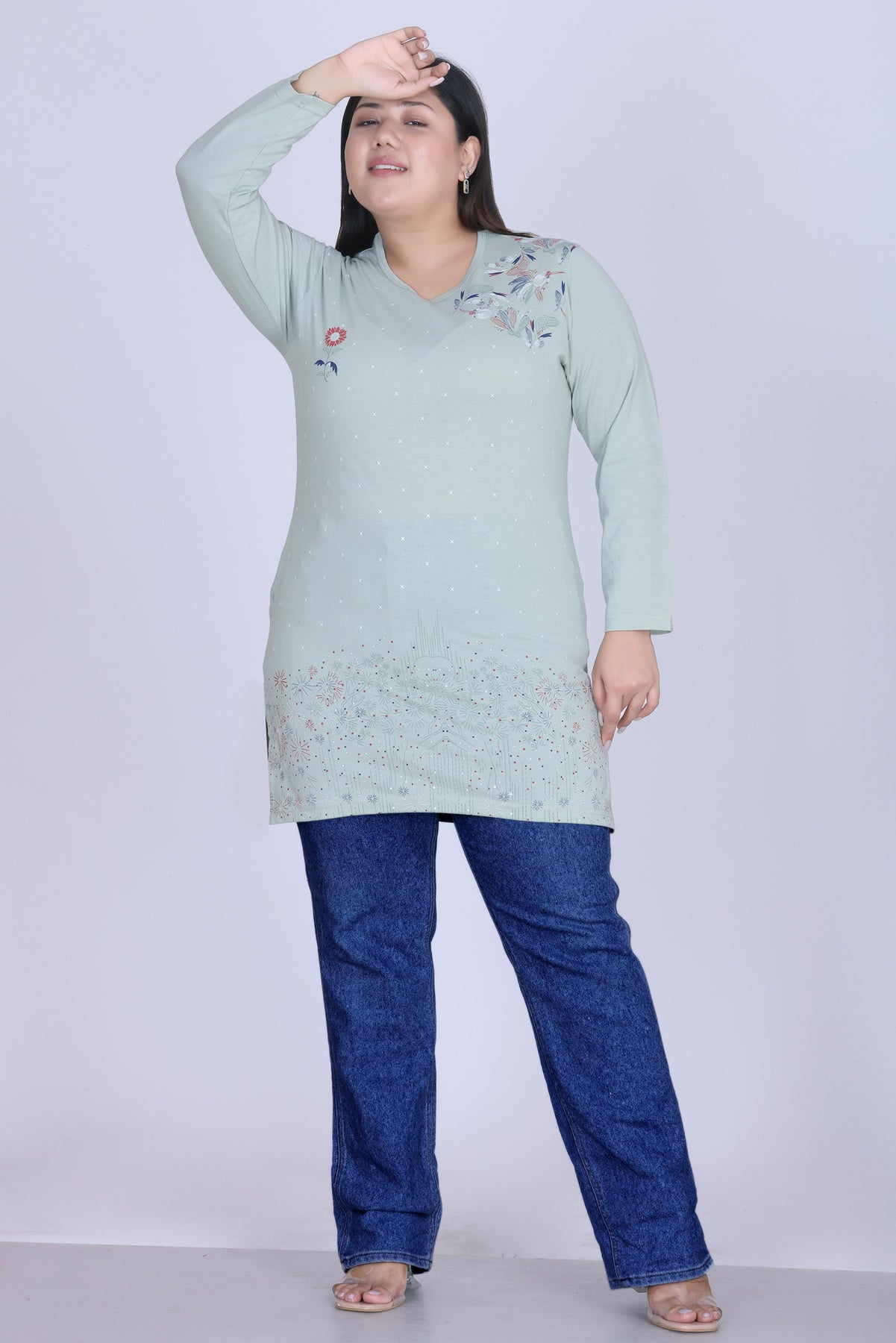 Cotton Long Top for Women - Full Sleeve - Pistachio