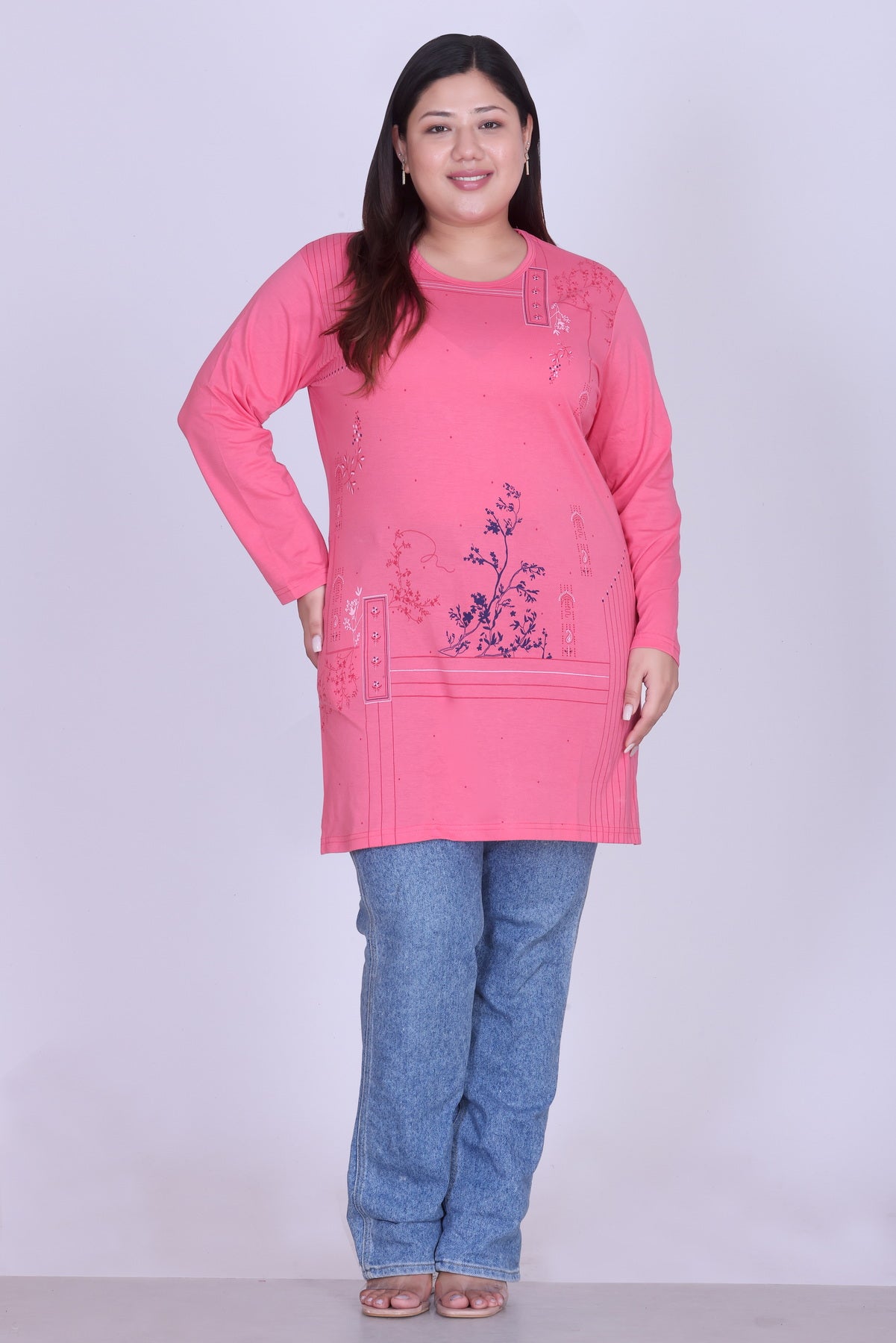 Cotton Long Top for Women - Full Sleeve - Flame Pink