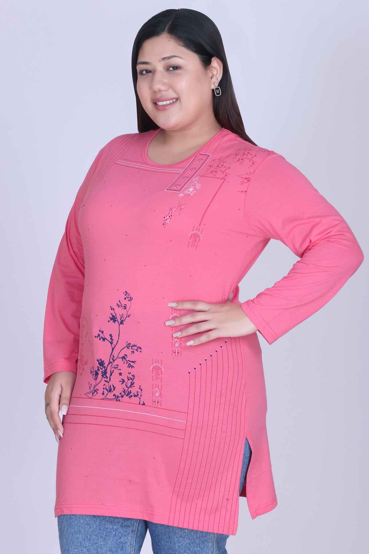 Cotton Long Top for Women - Full Sleeve - Flame Pink
