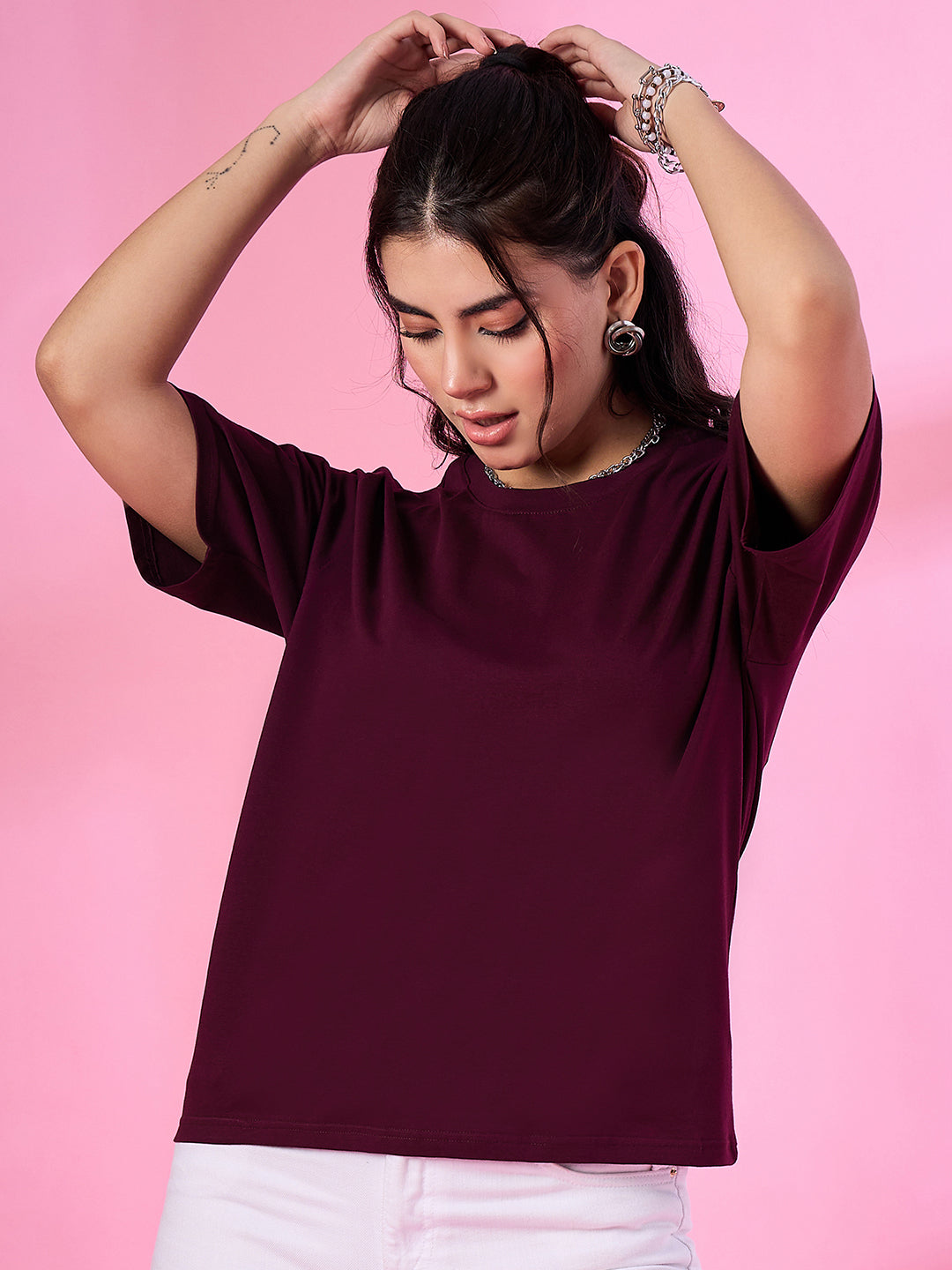 Drop Shoulder Solid T-Shirt for Women