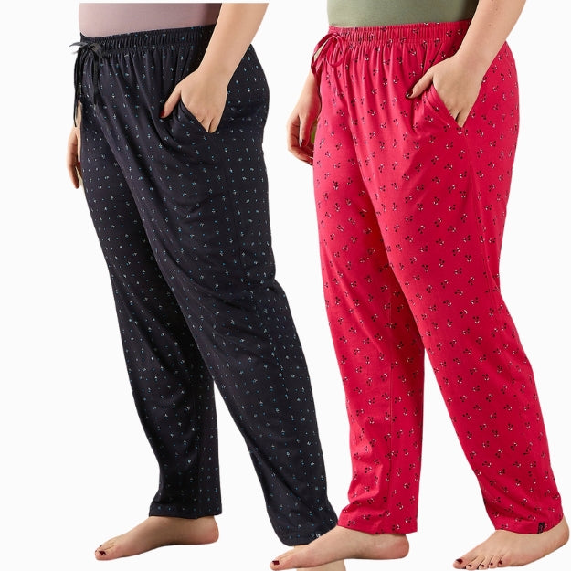 Cotton Printed Pajamas For Women Pack of 2 (Navy Blue & Pink)