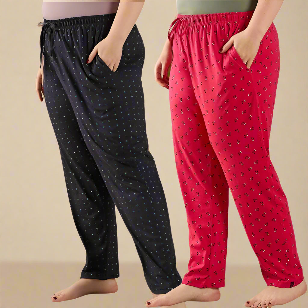 Cotton Printed Pajamas For Women Pack of 2 (Navy Blue & Pink)