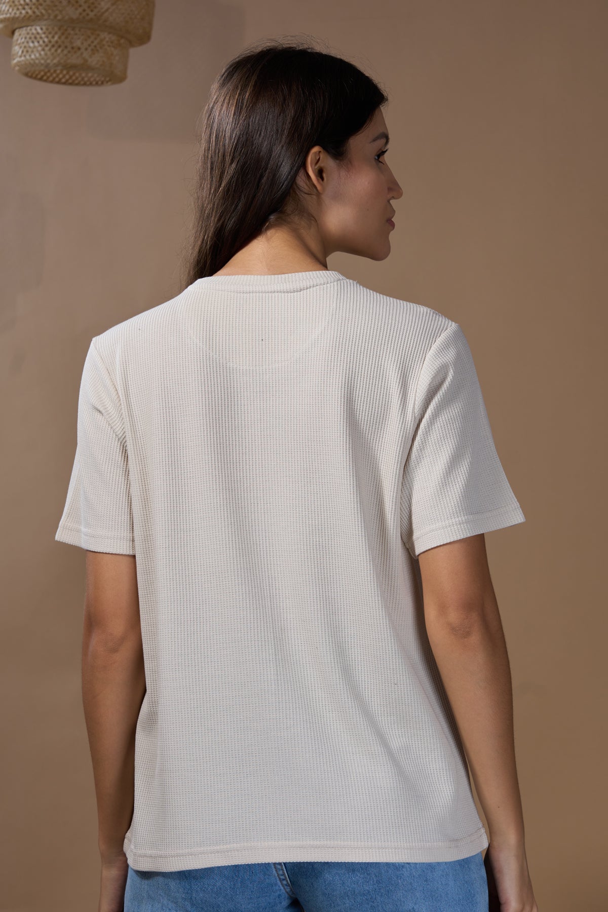 Women Textured Cotton Relaxed Fit T-Shirt: Beige
