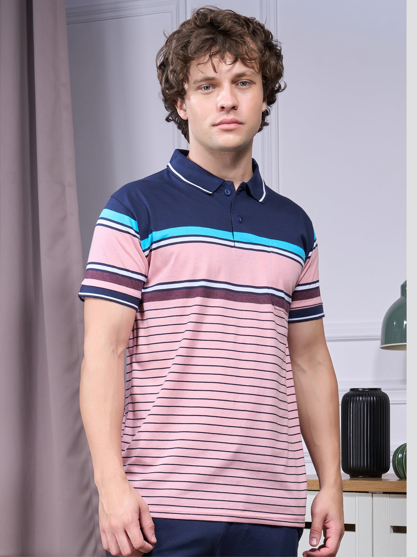 Jinxer Men Loungewear Cotton Pajama T-Shirt Set-Denim