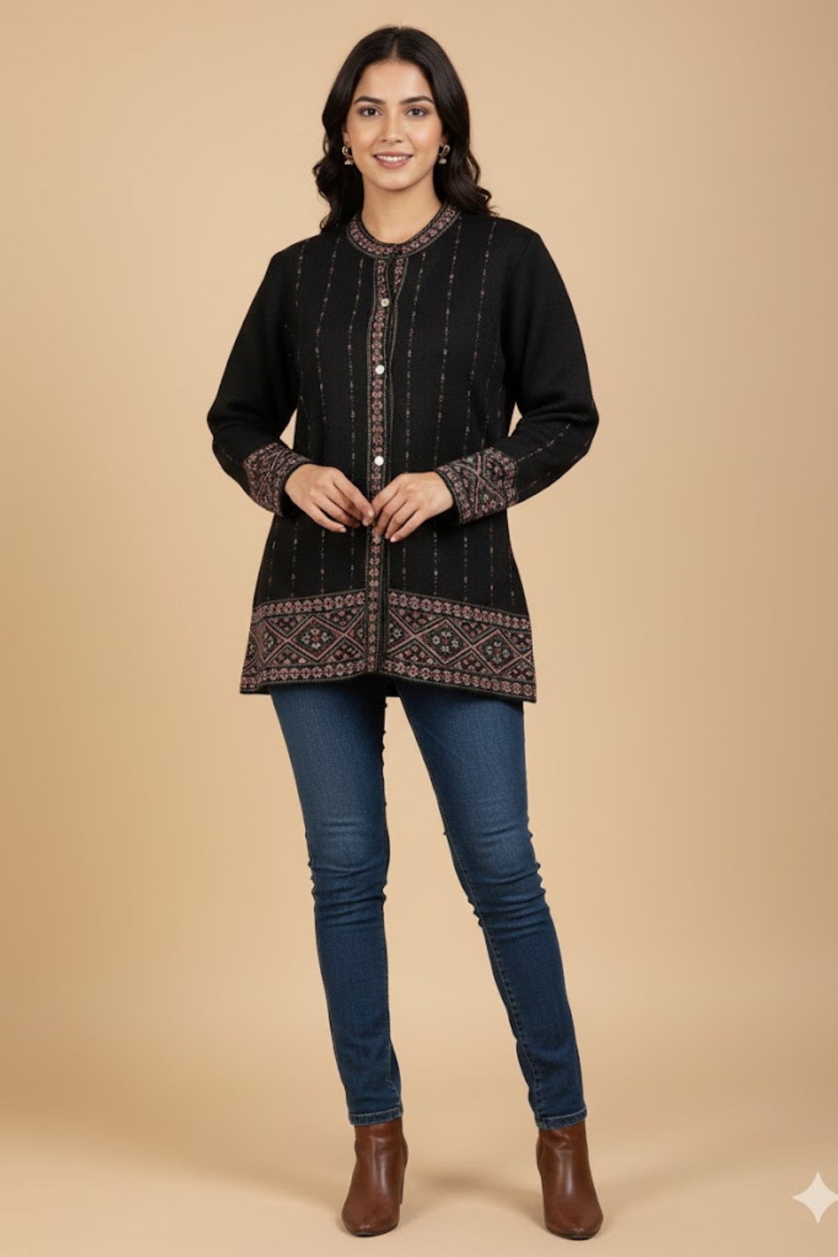 Jacquard Knit Warm Woollen Cardigan - Black