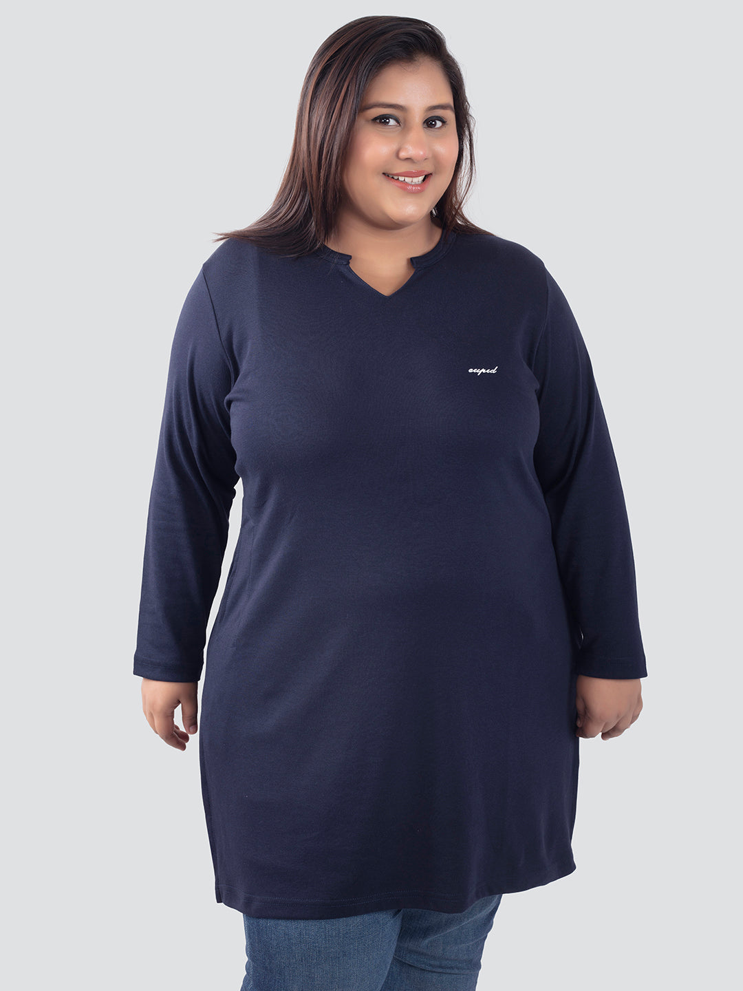 Plus Size Full Sleeves Long Top For Women Navy Blue