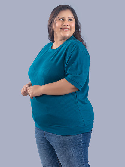 Plus Size Cotton Street Style T-shirts For Summer -Teal Blue