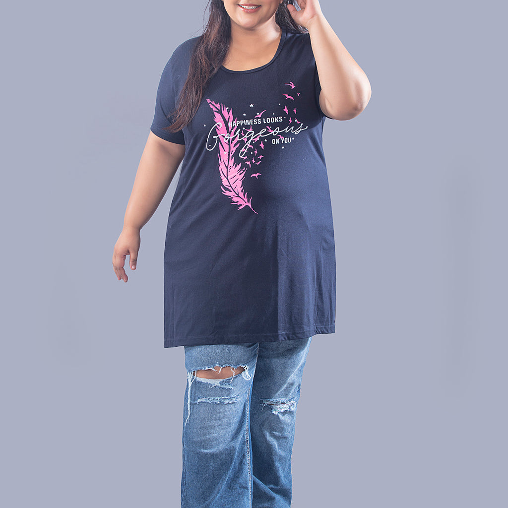 Long Line Hip Covering T-Shirt For Woman -Half Sleeves- Navy Blue