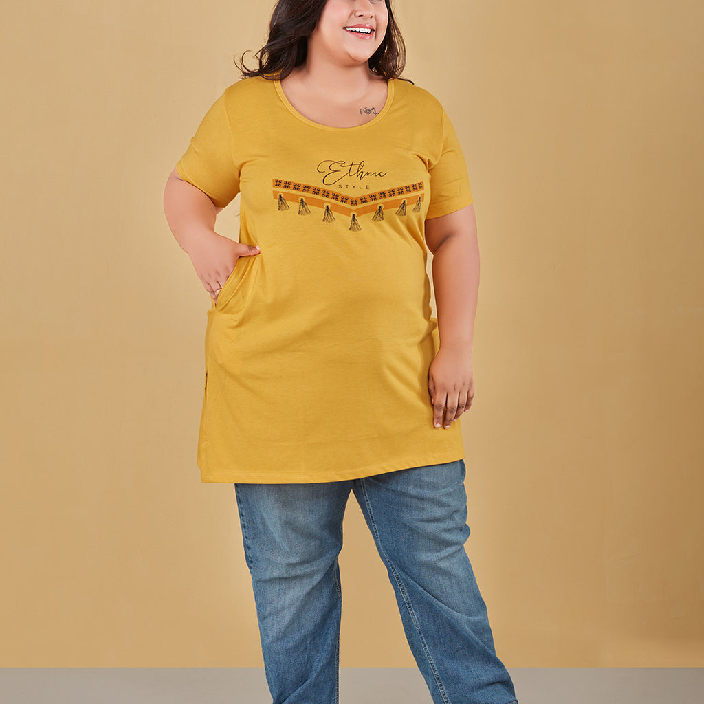 Long Line T-Shirt For Women -Half Sleeves-Yellow