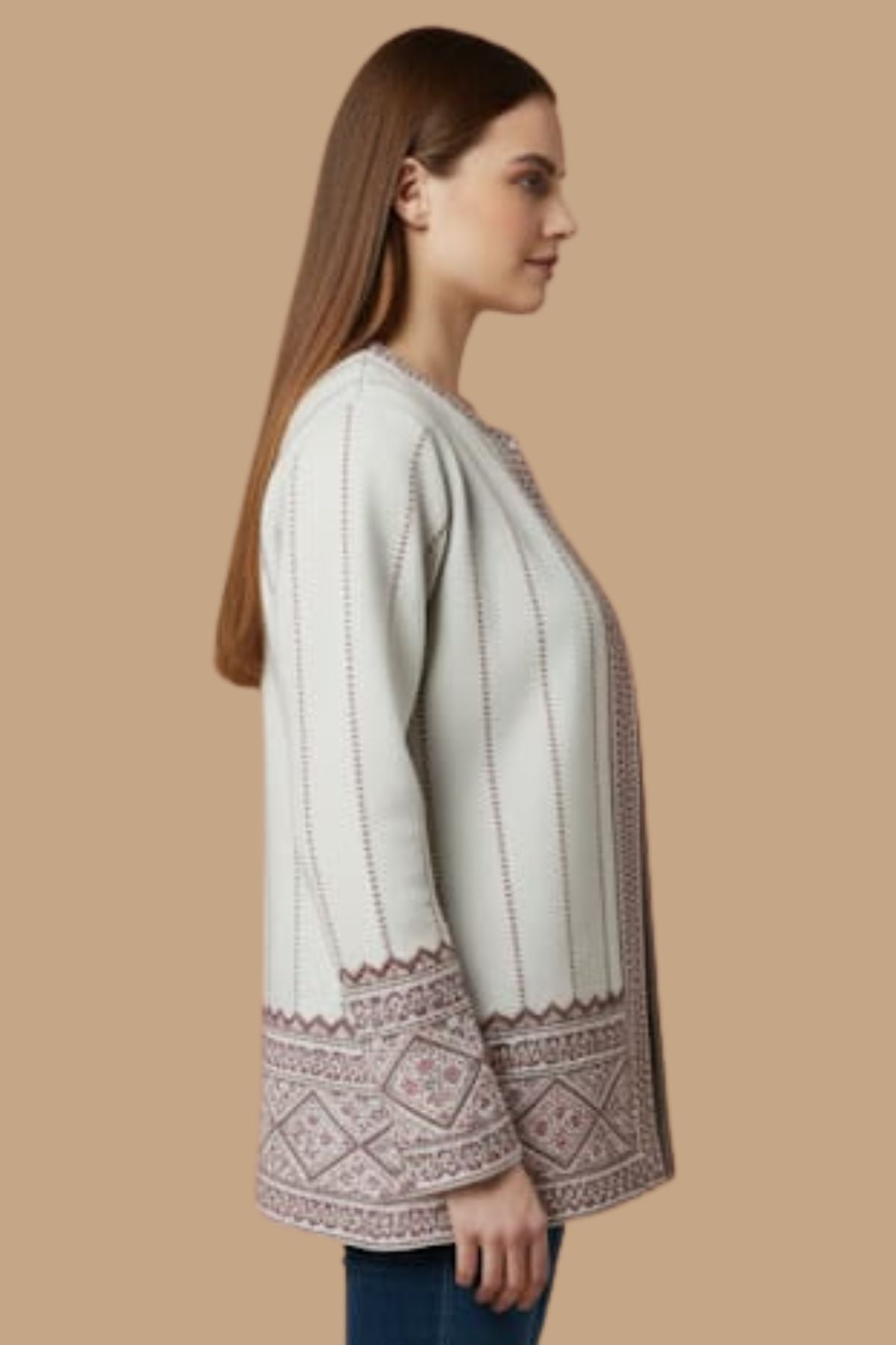 Jacquard Knit Warm Woollen Cardigan - White