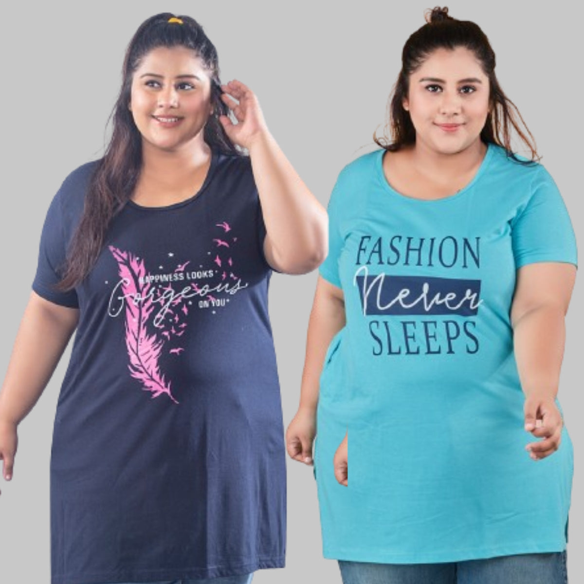 Plus Size Long T-shirts For Women - Half Sleeve - Pack of 2 (Navy & Turquoise)