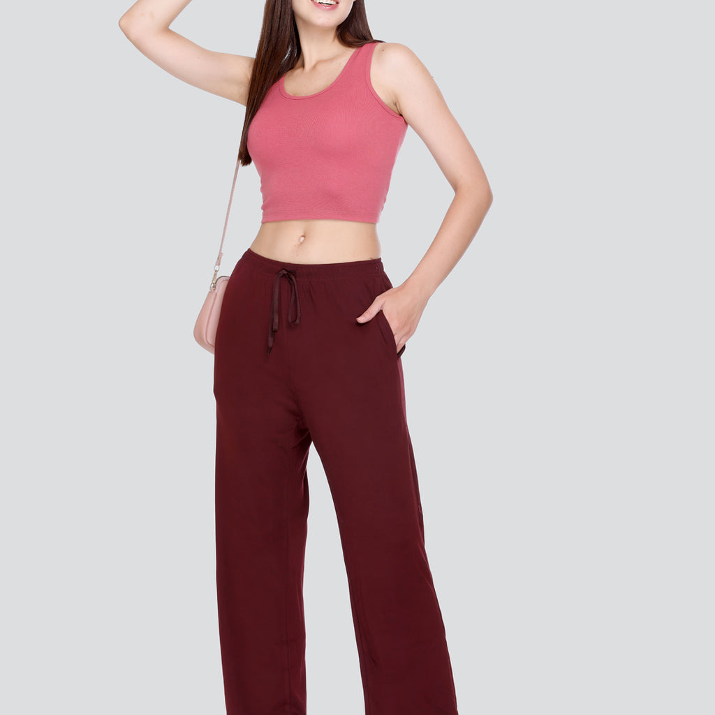 High Rise Cotton Straight Fit Wine Trackpants