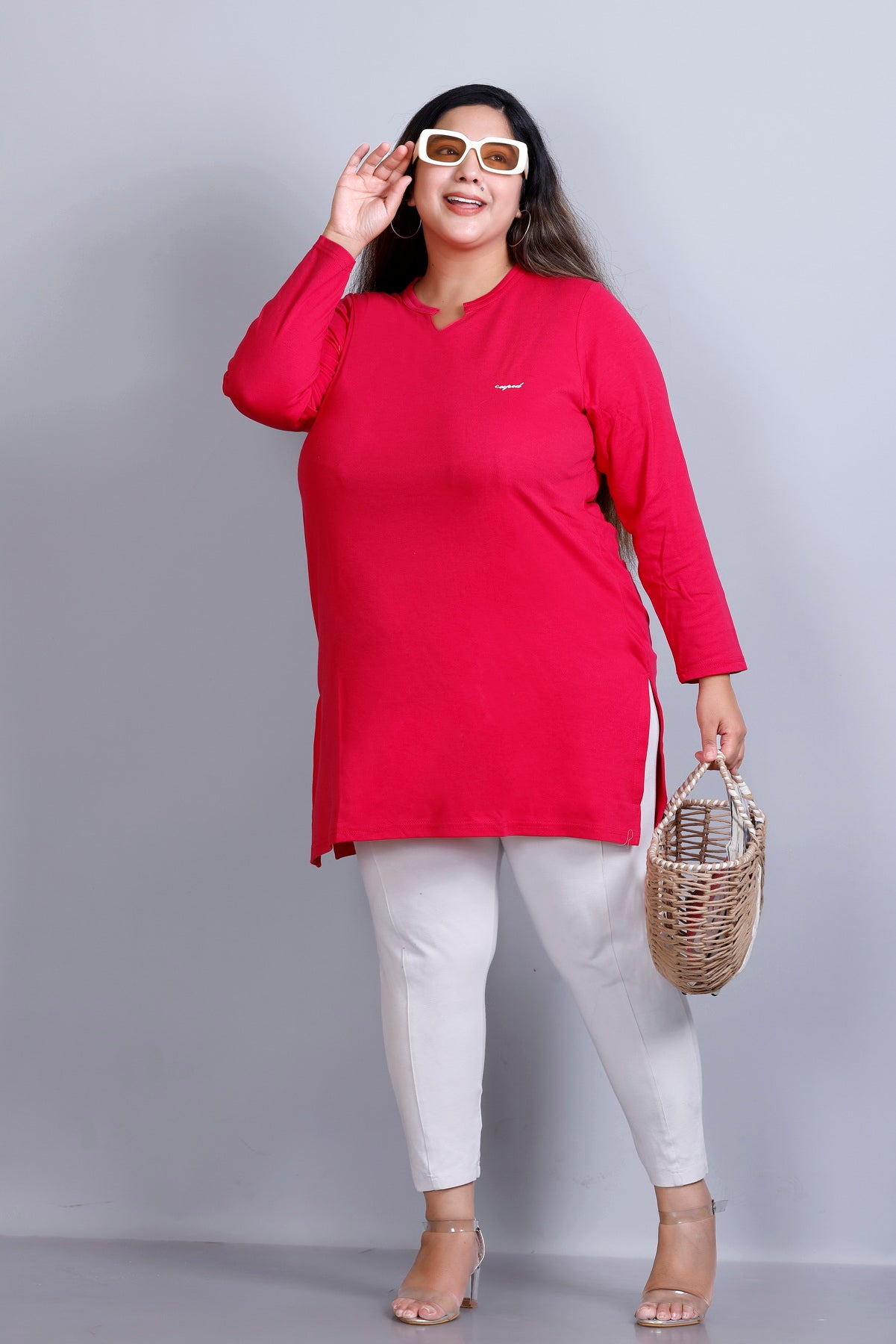 Plus Size Full Sleeves Long Top For Woman -Deep Pink