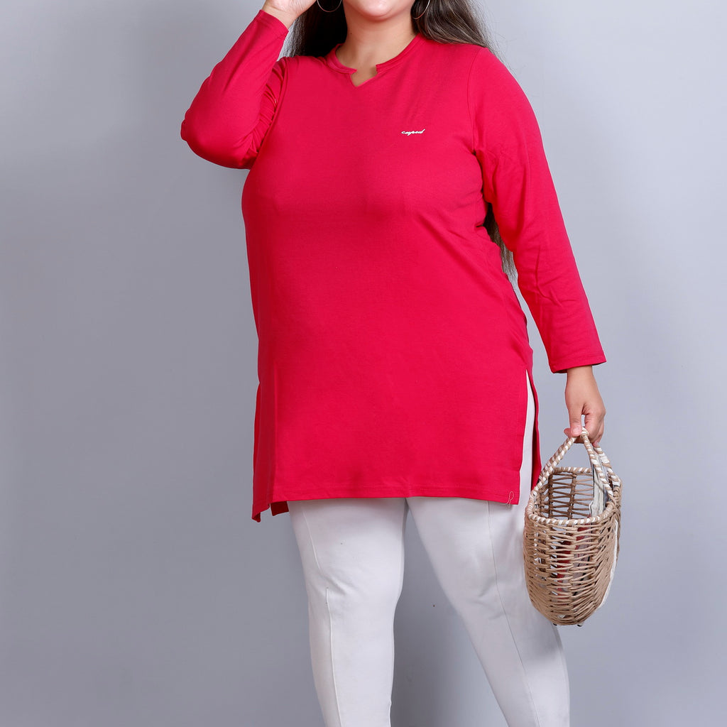 Plus Size Full Sleeves Long Top For Woman -Deep Pink
