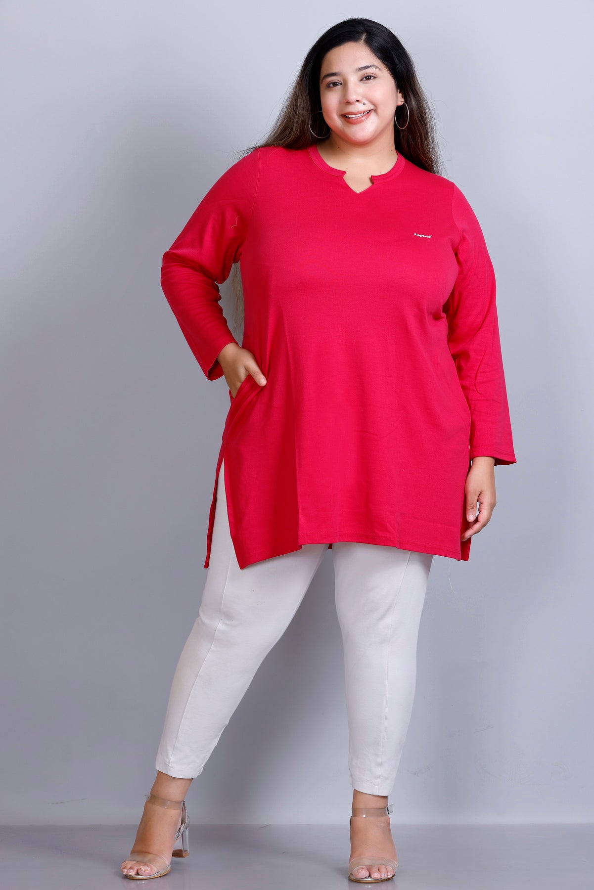 Plus Size Full Sleeves Long Top For Woman -Deep Pink